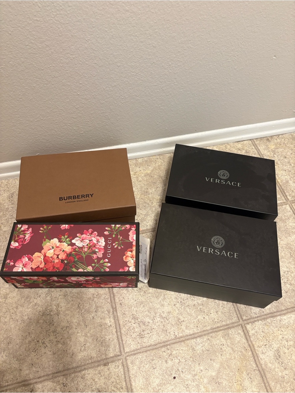 Versace Black Shoe Box Duo with Burberry & Floral Gucci Box